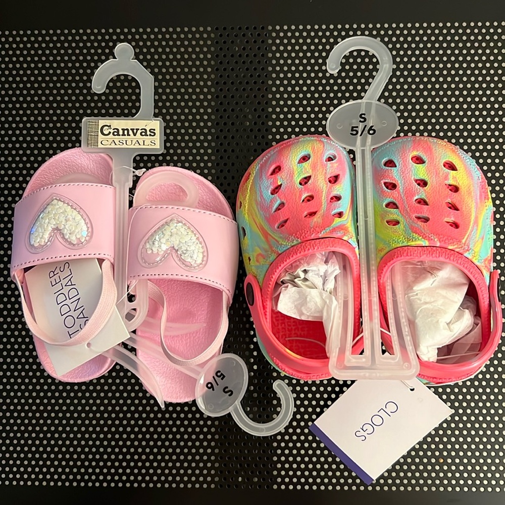 2 Pair Toddler Girl’s S 5/6 * Pink Sandals with Heart and Neon Tie Dye Clogs